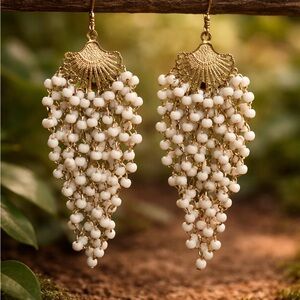 White Beaded Waterfall Cluster Dangle Earrings Gold Shell Motif Boho Coastal